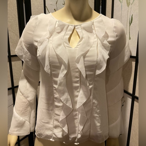 White House Black Market Tops - White House Black Market Ruffle Trimmed Blouse with Trumpet Sleeves Size 0